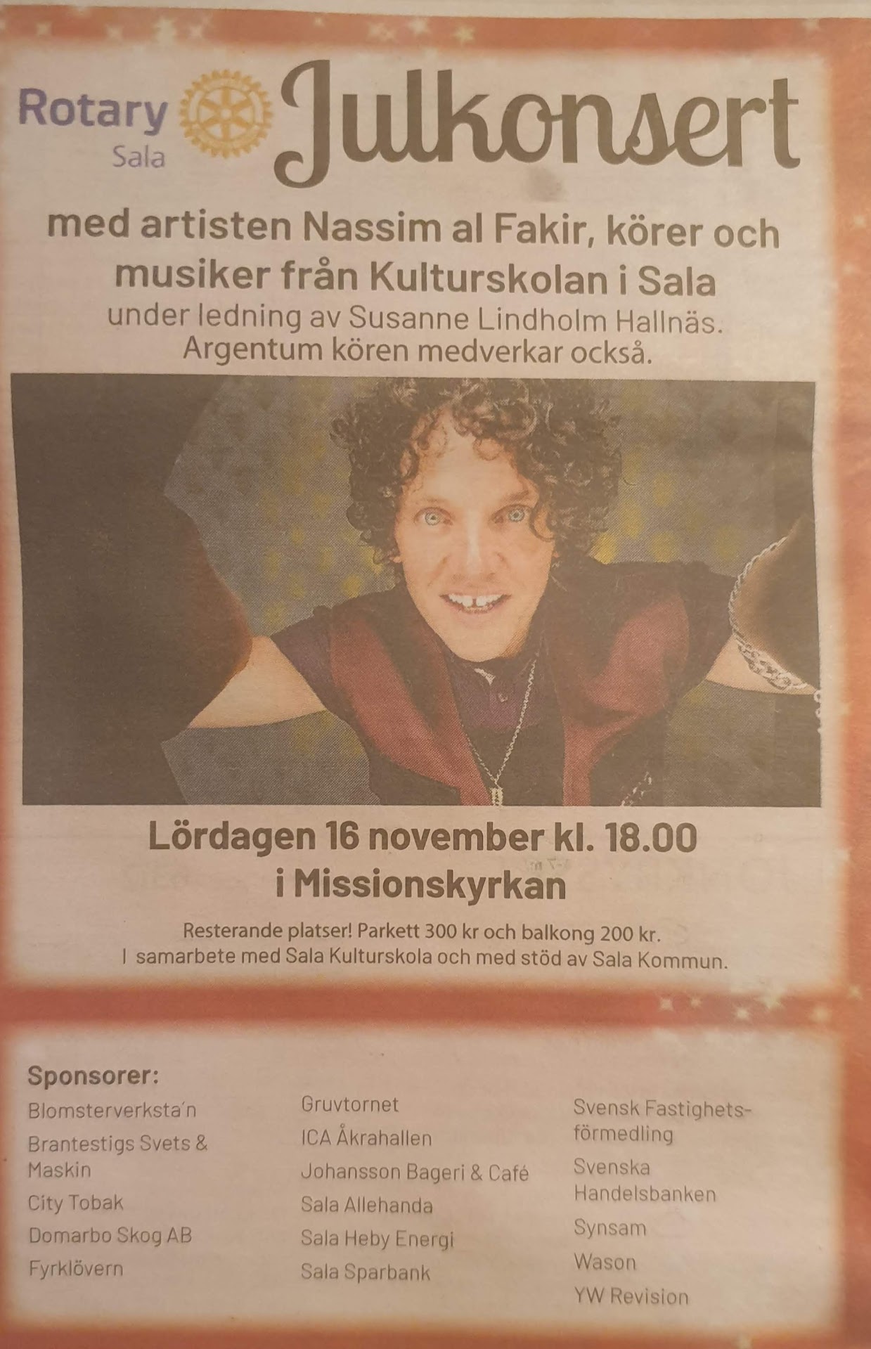 Annons för Sala Rotarys julkonsert med Nassim Al Fakir 2024