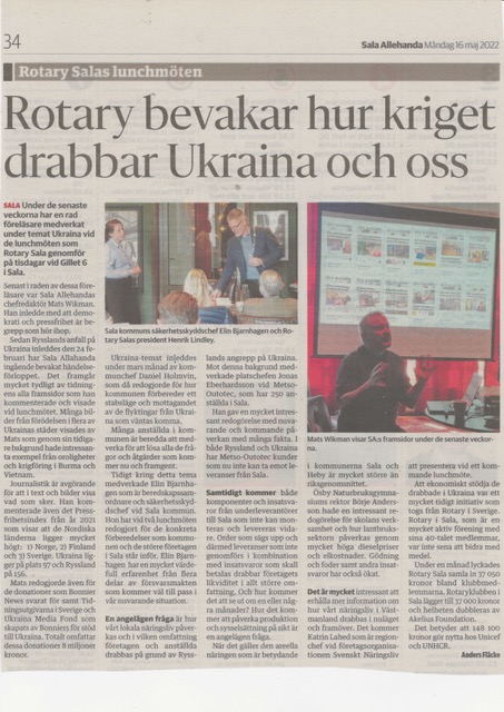 Tidningsartikel i Sala Allehanda med rubriken Rotary bevakar hur kriget drabbar Ukraina och oss