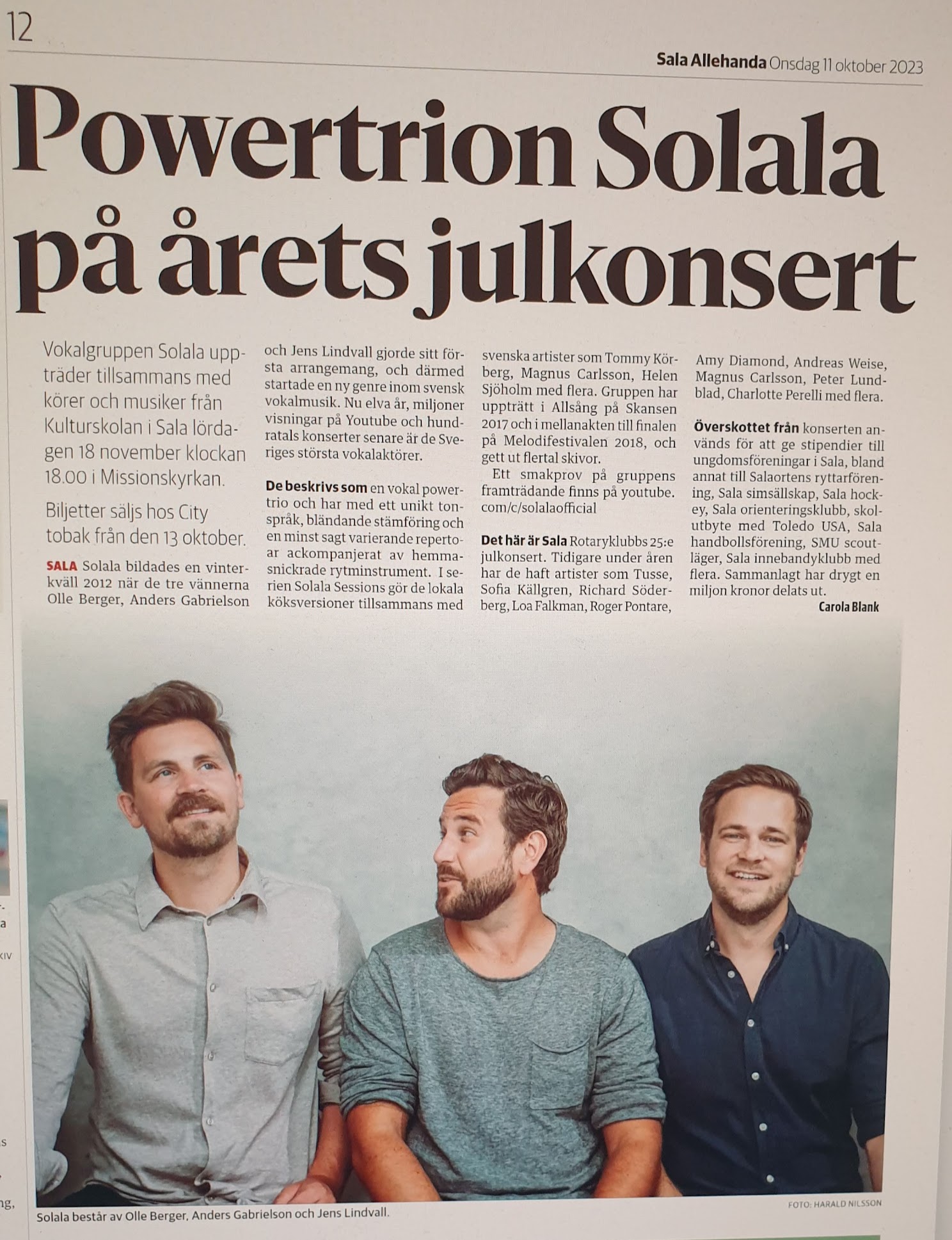 Artikel i Sala Allehanda om Solala och Rotarys julkonsert
